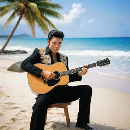 Elvis Presley playing a guitar on a beautiful Costa Rican beach, palm trees swaying and crystal clear seas in the background.