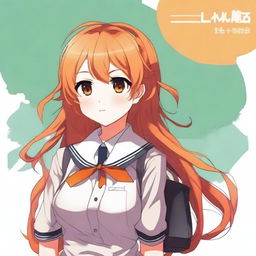 Create an image of an anime girl with medium length orange hair, wearing a school uniform. She has a voluptuous figure.