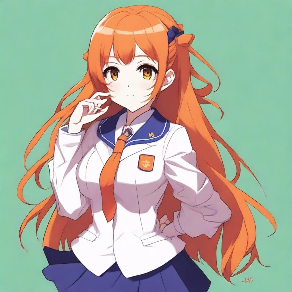 Create an image of an anime girl with medium length orange hair, wearing a school uniform. She has a voluptuous figure.