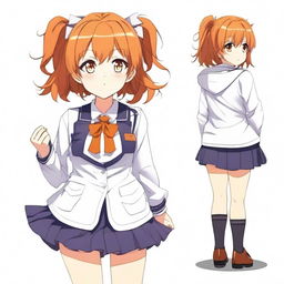 Create an image of an anime girl with short orange hair, wearing a school uniform. She has a voluptuous figure.