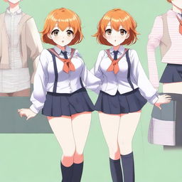 Create an image of an anime girl with short orange hair, wearing a school uniform. She has a voluptuous figure.