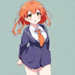 Create an image of an anime girl with short orange hair, wearing a school uniform. She has a voluptuous figure.