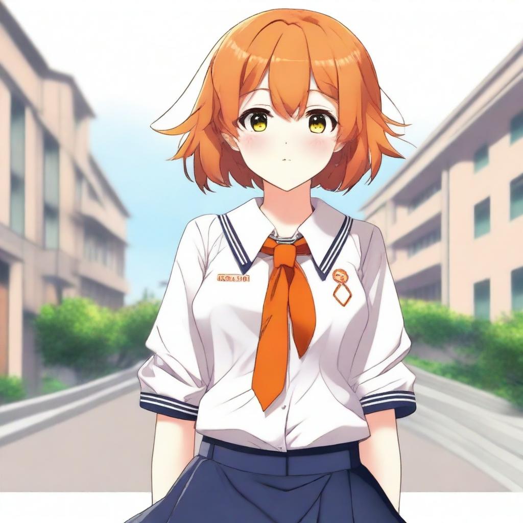 Create an image of an anime girl with short orange hair, wearing a school uniform. She has a voluptuous figure.