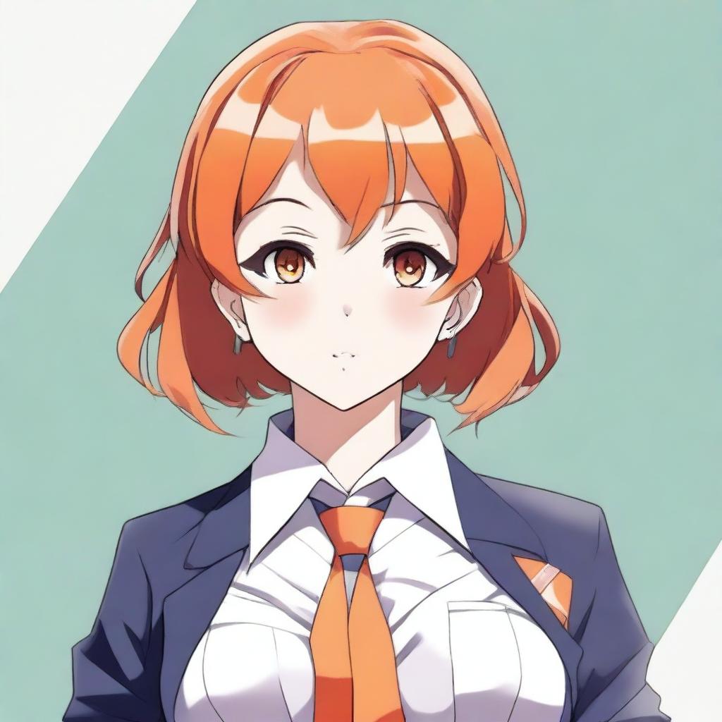 Create an image of an anime woman with short orange hair, wearing a school uniform. She has a voluptuous figure.