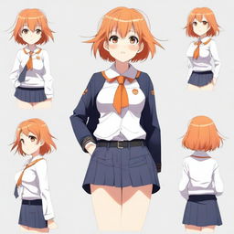 Create an image of an anime woman with short orange hair, wearing a school uniform. She has a voluptuous figure.