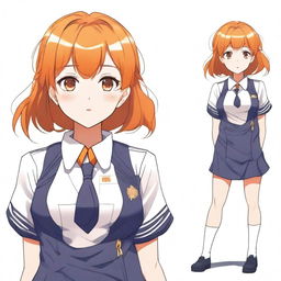 Create an image of an anime woman with short orange hair, wearing a school uniform. She has a voluptuous figure.