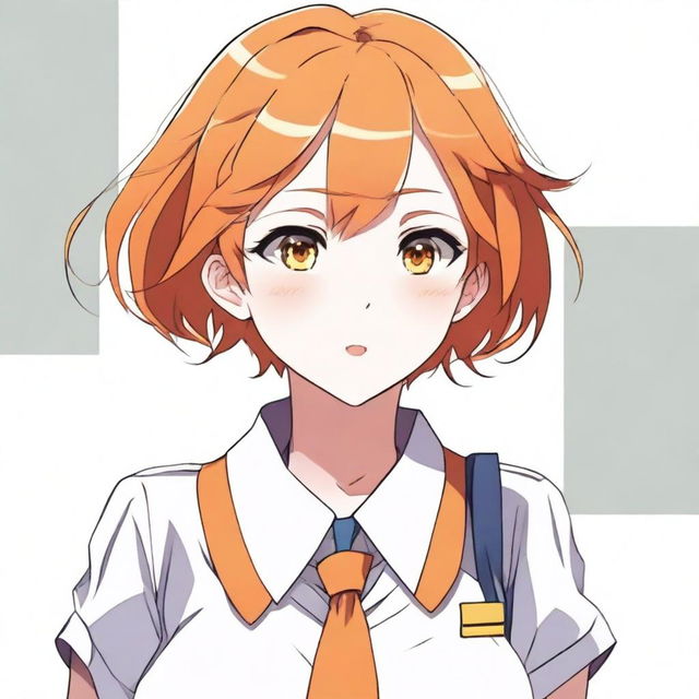 Create an image of an anime woman with short orange hair, wearing a school uniform. She has a voluptuous figure.