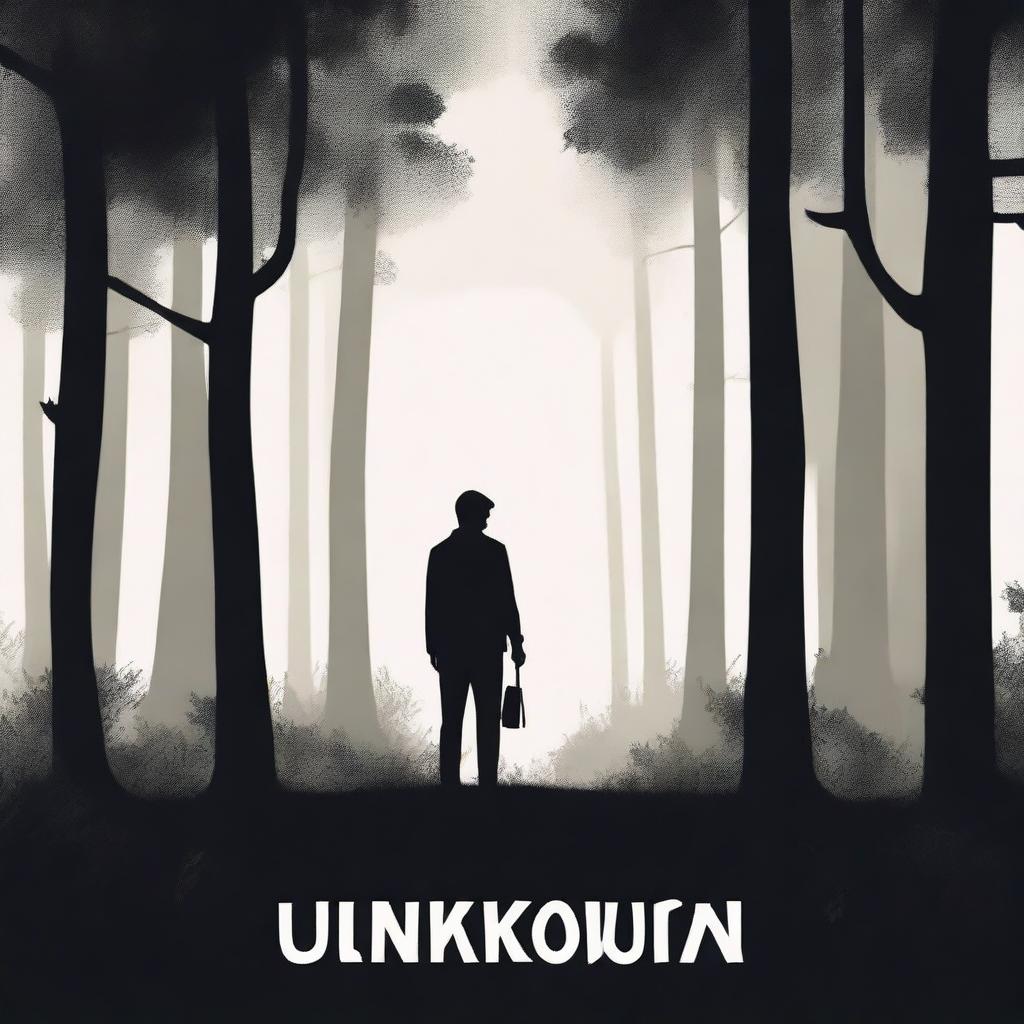 Generate a book cover with a dark, mysterious forest in the background and a silhouette of a person standing at the forest's edge