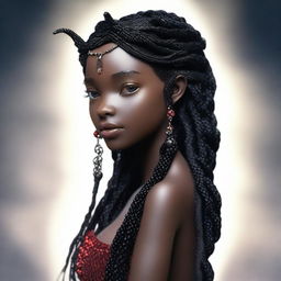 Create an image of Seraphina, who has smooth, obsidian-colored skin that shimmers in the light, casting a faint crimson hue