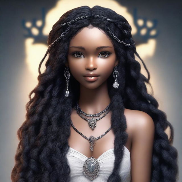 Create an image of Seraphina, who has smooth, obsidian-colored skin that shimmers in the light, casting a faint crimson hue