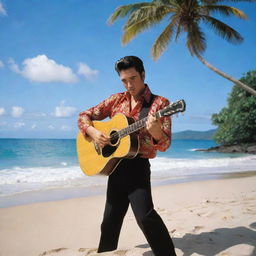 Elvis Presley playing a guitar on a beautiful Costa Rican beach, palm trees swaying and crystal clear seas in the background.