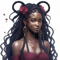 Create an image of Seraphina, who has smooth, obsidian-colored skin that shimmers in the light, casting a faint crimson hue