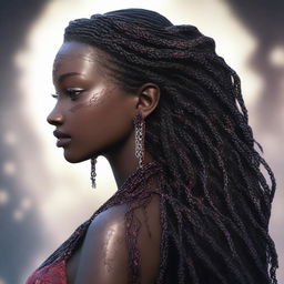 Create an image of Seraphina, who has smooth, obsidian-colored skin that shimmers in the light, casting a faint crimson hue