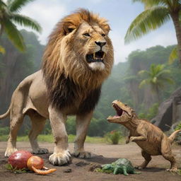 A majestic lion triumphantly feasting on a defeated dinosaur in a tropical prehistoric setting.