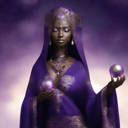 Generate an image of Amara Shadowcaster, an otherworldly beauty with a slender figure draped in robes of deep violet and shimmering silver, adorned with intricate patterns that seem to writhe and dance in the flickering light