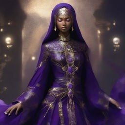 Generate an image of Amara Shadowcaster, an otherworldly beauty with a slender figure draped in robes of deep violet and shimmering silver, adorned with intricate patterns that seem to writhe and dance in the flickering light