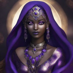 Generate an image of Amara Shadowcaster, an otherworldly beauty with a slender figure draped in robes of deep violet and shimmering silver, adorned with intricate patterns that seem to writhe and dance in the flickering light