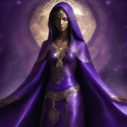 Generate an image of Amara Shadowcaster, an otherworldly beauty with a slender figure draped in robes of deep violet and shimmering silver, adorned with intricate patterns that seem to writhe and dance in the flickering light