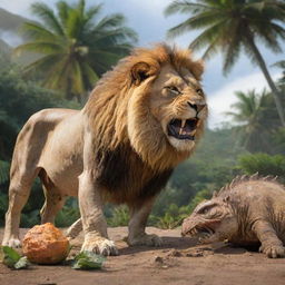 A majestic lion triumphantly feasting on a defeated dinosaur in a tropical prehistoric setting.