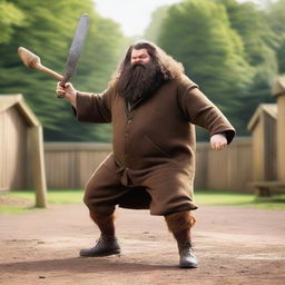 An image of Hagrid, the half-giant character from Harry Potter, in the middle of an axe-throwing action