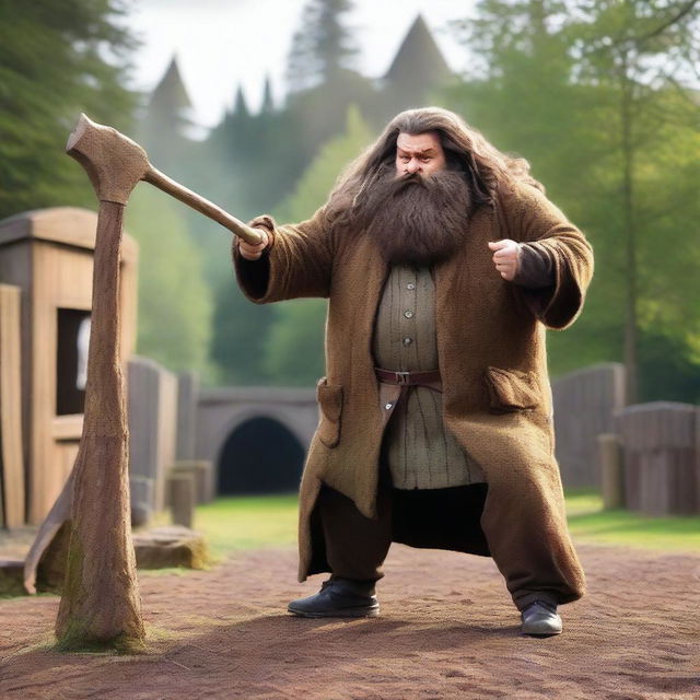 An image of Hagrid, the half-giant character from Harry Potter, in the middle of an axe-throwing action