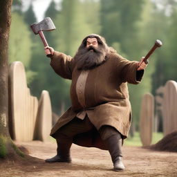 An image of Hagrid, the half-giant character from Harry Potter, in the middle of an axe-throwing action