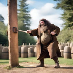 An image of Hagrid, the half-giant character from Harry Potter, in the middle of an axe-throwing action