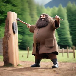 An image of Hagrid, the half-giant character from Harry Potter, in the middle of an axe-throwing action