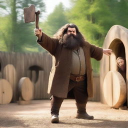 An image of Hagrid, the half-giant character from Harry Potter, in the middle of an axe-throwing action