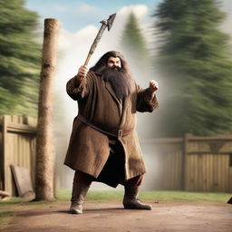 An image of Hagrid, the half-giant character from Harry Potter, in the middle of an axe-throwing action