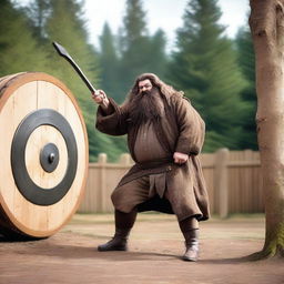 An image of Hagrid, the half-giant character from Harry Potter, in the middle of an axe-throwing action