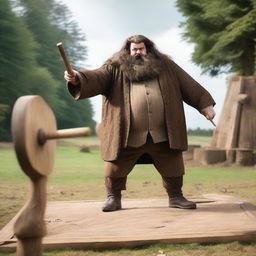 An image of Hagrid, the half-giant character from Harry Potter, in the middle of an axe-throwing action