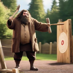 An image of Hagrid, the half-giant character from Harry Potter, in the middle of an axe-throwing action