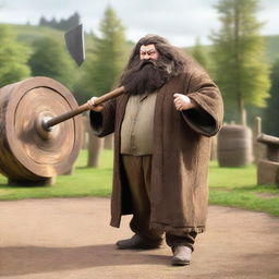 An image of Hagrid, the half-giant character from Harry Potter, in the middle of an axe-throwing action