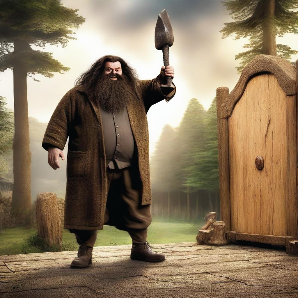 An image of Hagrid, the half-giant character from Harry Potter, in the middle of an axe-throwing action