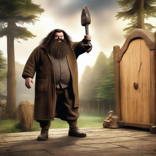 An image of Hagrid, the half-giant character from Harry Potter, in the middle of an axe-throwing action