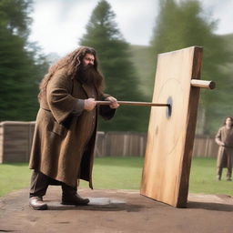 An image of Hagrid, the half-giant character from Harry Potter, in the middle of an axe-throwing action