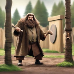 An image of Hagrid, the half-giant character from Harry Potter, in the middle of an axe-throwing action