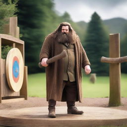 An image of Hagrid, the half-giant character from Harry Potter, in the middle of an axe-throwing action