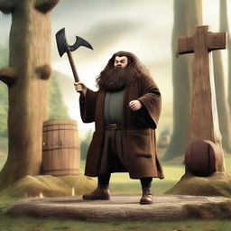 An image of Hagrid, the half-giant character from Harry Potter, in the middle of an axe-throwing action