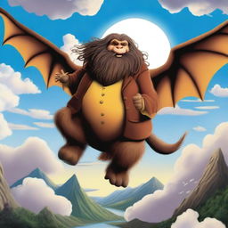 Create an image of Hagrid, the beloved character from the Harry Potter series, flying through the sky on the back of a majestic dragon