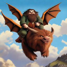 Create an image of Hagrid, the beloved character from the Harry Potter series, flying through the sky on the back of a majestic dragon