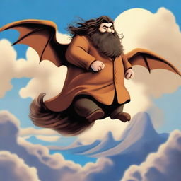 Create an image of Hagrid, the beloved character from the Harry Potter series, flying through the sky on the back of a majestic dragon