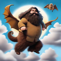 Create an image of Hagrid, the beloved character from the Harry Potter series, flying through the sky on the back of a majestic dragon