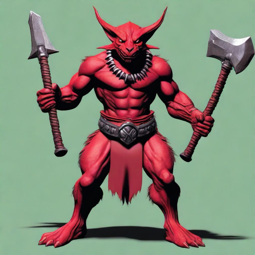 Generate an image of a red barbarian kobold, a small, reptilian creature, wielding dual axes