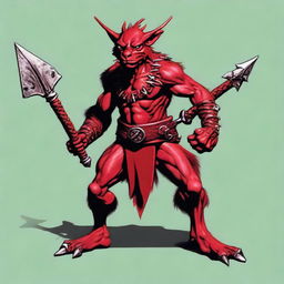 Generate an image of a red barbarian kobold, a small, reptilian creature, wielding dual axes