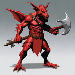 Generate an image of a red barbarian kobold, a small, reptilian creature, wielding dual axes