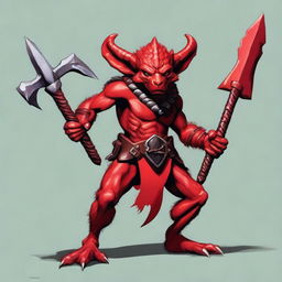 Generate an image of a red barbarian kobold, a small, reptilian creature, wielding dual axes