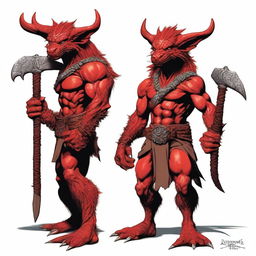 Generate an image of a red barbarian kobold with scales and a long face