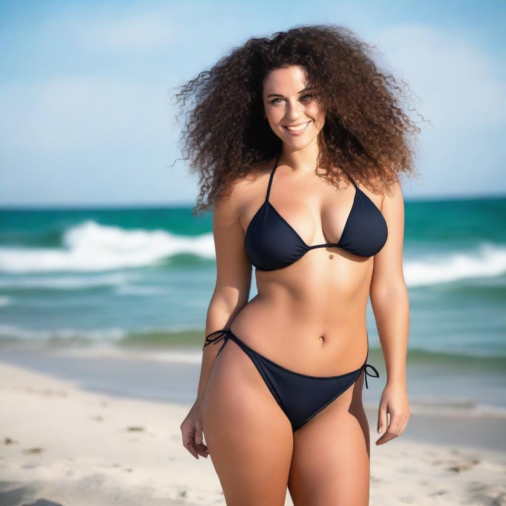 An image of a brunette woman with curly hair, dressed in a bikini